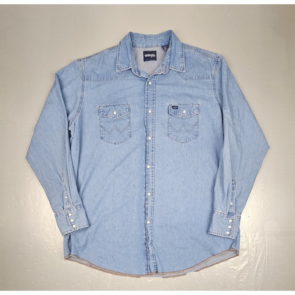 Vintage Wrangler Denim Pearl Snap Shirt Mens 2XT 90s Western Jean Long Sleeve